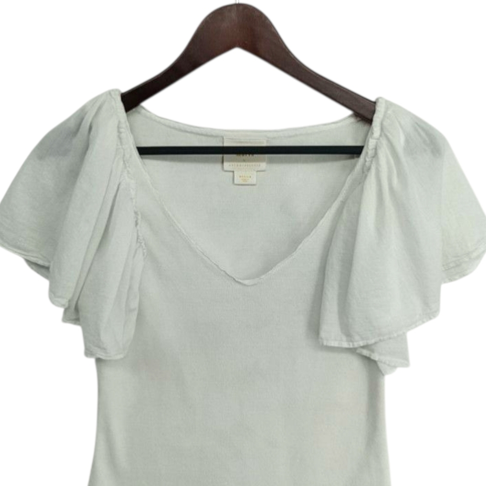❌SOLD❌️Maeve by Anthropologie White Flutter Sleeve Stretchy Rib Knit V-Neck Top - Picture 5 of 11